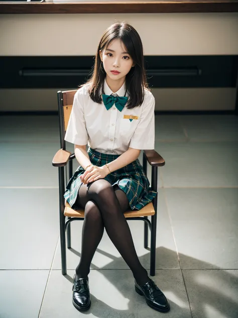 (whole body:1.5)，(Watching the audience:1.4)，(Correct Anatomy:1.3)，(That day in paradise:1.3),(Wearing matte black pantyhose, a JK student uniform tartan check pleated skirt and JK uniform leather shoes，And lots of jewellery :1.3), (Sit on a chair:1.3),(In...