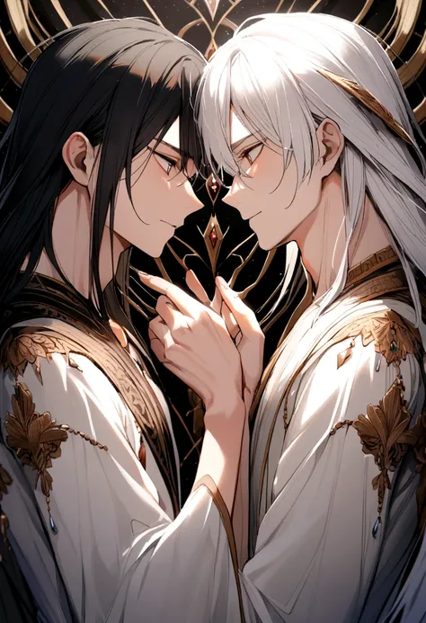 2 men love each other, one with black hair and one with white hair