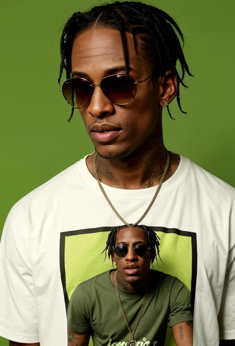 Travis Scott wearing sunglasses, dressed in marijuana t-shirt 