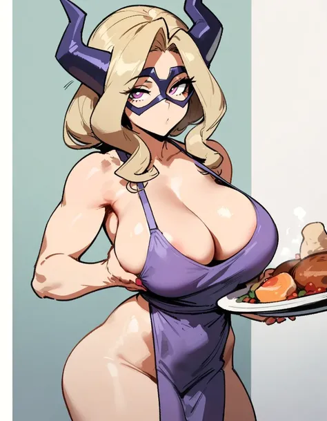 1girl, mount lady, boku no hero academia  masterpiece, best quality, very aesthetic, absurdres, newest  sportive body,    by dodok, nyantcha, cutesexyrobutts, by khyle ///// blonde, purple eyes,   , 24 years old,, wearing only apron, , naked, rating genera...