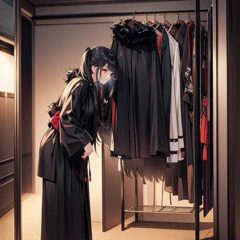 beautiful black furry kimono, in wardrobe, no people 