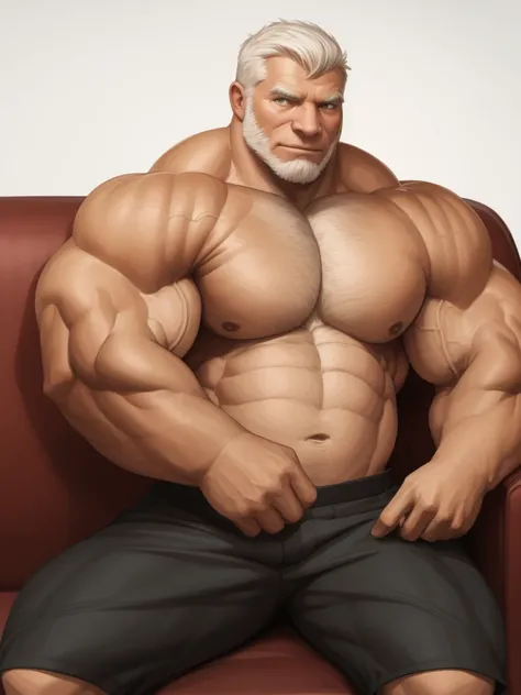 solo, 1boy, Huge Muscular Old man sitting in sofa , pectoral, thick arms, huge pectoral, wide pectoral, short white hair, short pants and shirtless, clean face, simple background, masterpiece, semirealistic:1.2, high detailed, 8k, high resolution