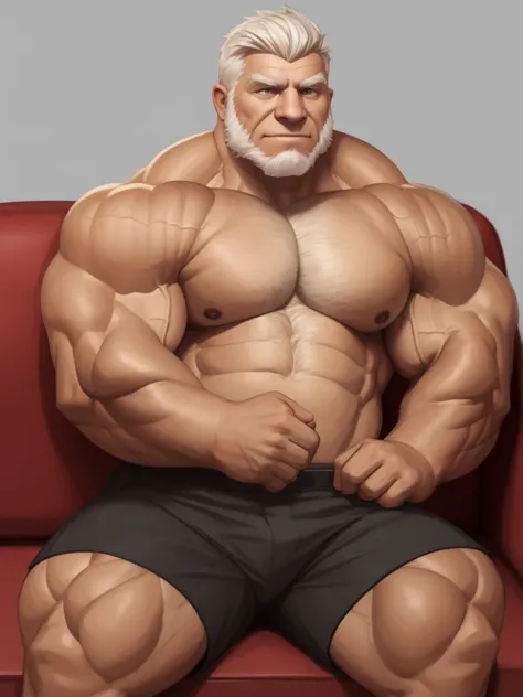 solo, 1boy, Huge Muscular Old man sitting in sofa , pectoral, thick arms, huge pectoral, wide pectoral, short white hair, short pants and shirtless, clean face, simple background, masterpiece, semirealistic:1.2, high detailed, 8k, high resolution