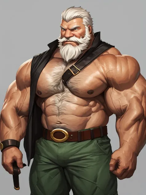 solo, 1boy, Huge Muscular Old man wearing chanpion belt , pectoral, thick arms, huge pectoral, wide pectoral, short white hair, short pants and shirtless, bearded, simple background, masterpiece, semirealistic:1.2, high detailed, 8k, high resolution