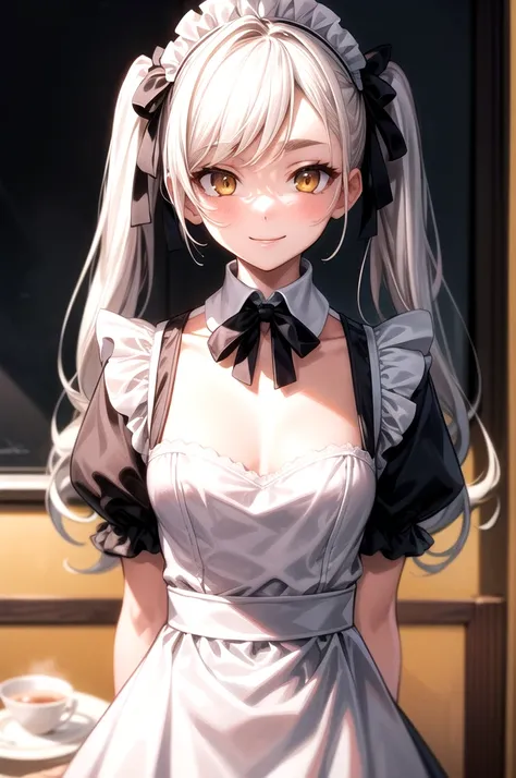 masterpiece, best quality, (illustration), solo, 1girl, twintails,small size, yellow-orange eyes,long hair, white hair, eyebrows, parted bangs, maid breasts, maid outfit, standing, upper body, smile, sexy, (looking at viewer), (close_up:0.85)