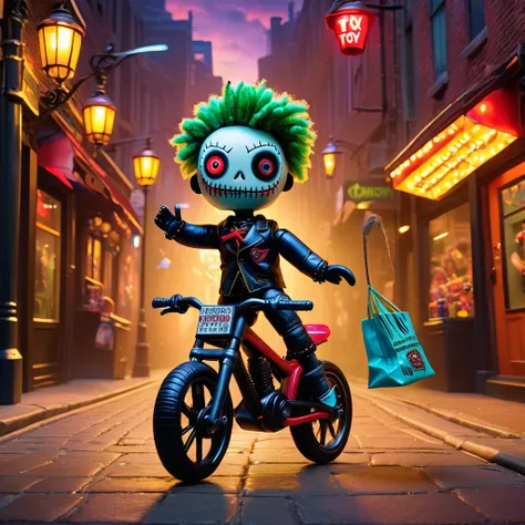 (knitted toy voodoo doll:1.9), (Voodoo Doll Bike Courier:1.3), (Clothing: sporty attire with delivery patterns:1.0), (Accessories: enchanted delivery bag emitting bright light, levitating parcels:1.1), (background: busy urban street with floating packages,...