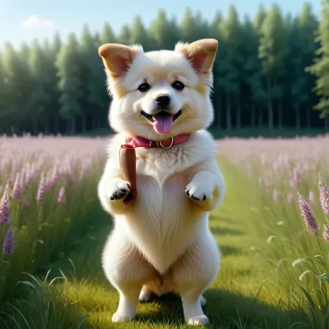 Standing like a human (Fluffy adorable cute fat dog), Dancing facing forward、In the meadow, Ultra-detailed, ８K、Hyperrealism, Sharp frame, Film Studies, Lighting