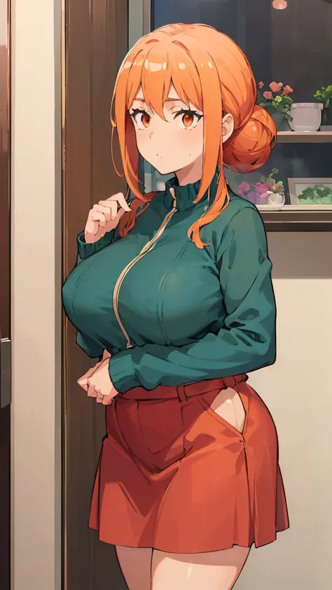 (Highest quality, 8K, masterpiece :1.3),Mrs. Yuigahama,ガハMom, As I expected, my youth romantic comedy is wrong。, One woman,Bun Hair,30 years old,Mom,Orange Hair,nsfw,Plump body,