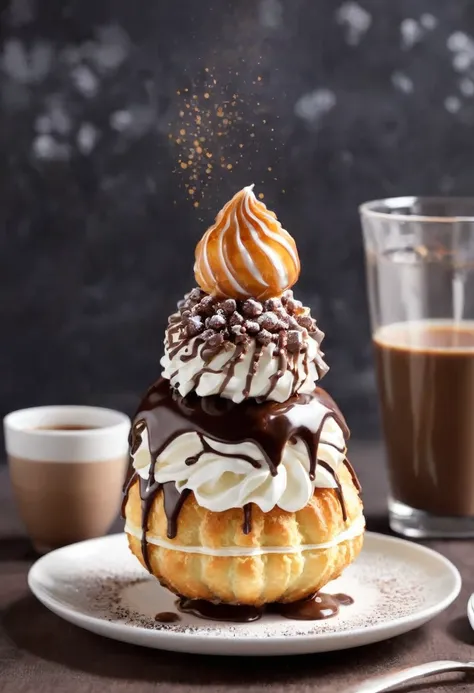 BREAK Perfect Anatomy、Highest quality、(cute:1.1)、(cute)、(High resolution:1.2)、Unbelievably absurd:1.3、Incredible illustrations、(cuteイラスト:1.2)、（Beautiful background、Coffee shop）Cocoa Sauce Croquembouche