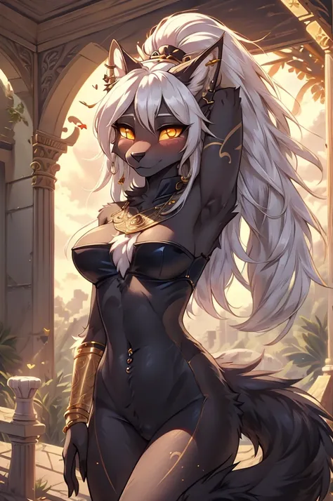 ((best quality, masterpiece, perfect anatomy, detailed picture)), furry, 1female, pantherine, two tone fur, black body, grey fur, sexy, long white hair, ponytail hair, fluffy feline tail, yellow sclera, tribal tattoo, ear rings, red blushing, shy, in the r...