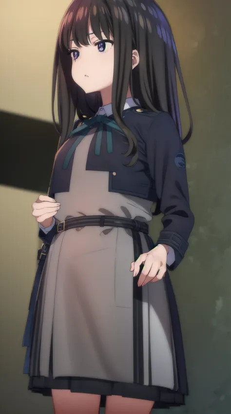 1girl,((black hair))
BREAK ((inoue takina, long hair, bangs, black hair, (purple eyes:1.2),crop top, white socks, shirt, long sleeves, dress, ribbon, , white shirt, collared shirt, belt, neck ribbon, blue dress, green ribbon, pleated dress, grey dress, two...