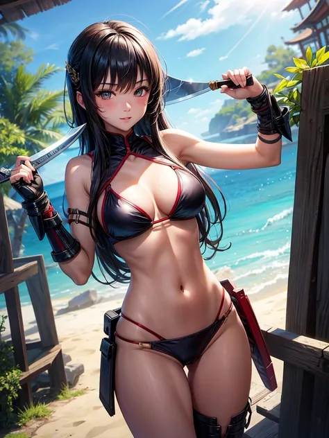 Beautiful Asian girl, 18 years old, bikini assassin girls, sexy lady, medium breasts, camel toe, hidden blade in hand,