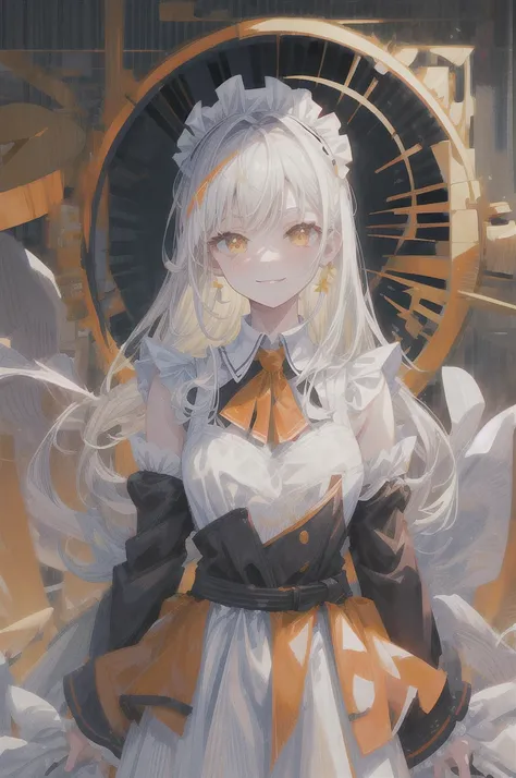 masterpiece, best quality, (illustration), solo, 1girl, small size, yellow-orange eyes,long hair, white hair, eyebrows, parted bangs, maid breasts, maid outfit, standing, upper body, smile, sexy, (looking at viewer), (close_up:0.85)