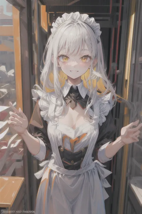 masterpiece, best quality, (illustration), solo, 1girl, small size, yellow-orange eyes,long hair, white hair, eyebrows, parted bangs, maid breasts, maid outfit, standing, upper body, smile, sexy, (looking at viewer), (close_up:0.85)