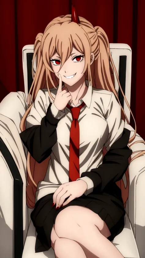 masterpiece、top-quality、hight resolution)、 Real life adaption for this character, Masterpiece, high quality, best lighting, cinematic, 1girl, anime girl with horns and a tie sitting in a chair, with red glowing eyes, evil smile and glowing eyes, demon anim...