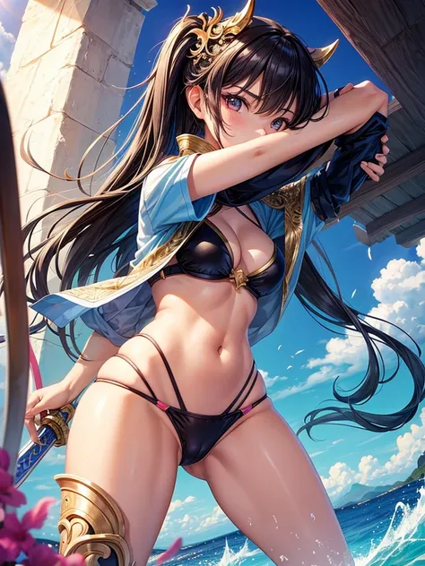 Beautiful Asian girl, 18 years old, bikini knight girls, sexy lady, medium breasts, camel toe, long sword,