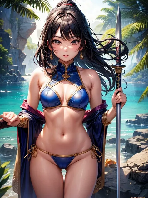 Beautiful Asian girl, 18 years old, bikini knight girls, sexy lady, medium breasts, camel toe, long sword,