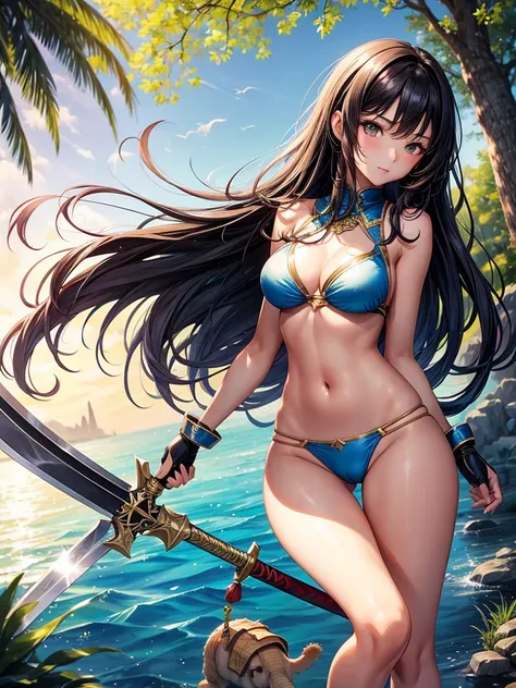 Beautiful Asian girl, 18 years old, bikini knight girls, sexy lady, medium breasts, camel toe, long sword,