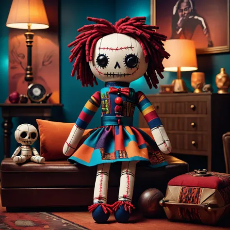 (knitted toy voodoo doll:1.9), (Voodoo Doll Interior Designer:1.3), (Clothing: stylish outfit with geometric patterns:1.0), (Accessories: enchanted fabric swatch emitting warm light, levitating furniture models:1.1), (background: elegant living room with f...