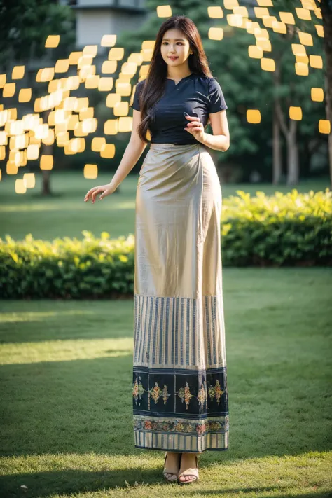 Asian woman long hair in a white Indonesia batik long skirt and Indonesia batik black shirt standing in garden park, Beautiful Body, traditional beauty, wearing beautiful Indonesia batik clothes, Indonesia batik traditional dress, acmm ss outfit, acmm long...