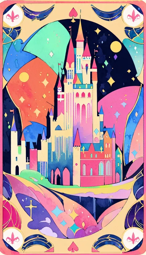 a flat nouveau card, flat colors, colorful palette, watercolor palette, castle, card, swords, composed