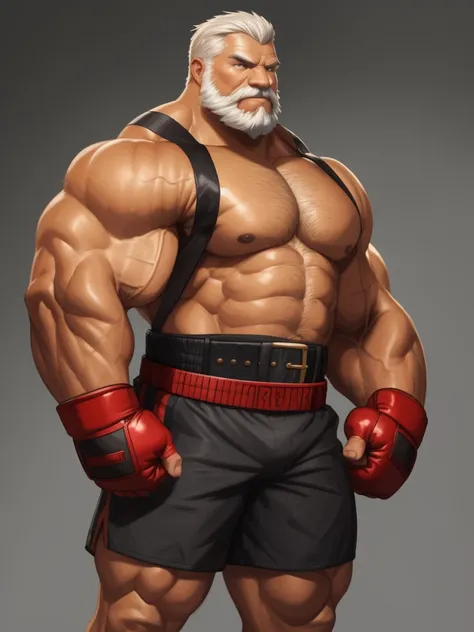 solo, 1boy, huge muscular old man wearing boxing belt , pectoral, thick arms, huge pectoral, wide pectoral, short white hair, sh...