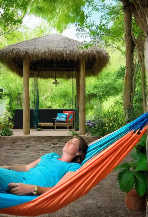 A woman relaxing in a hammock, picture taken with paint power photography, photo