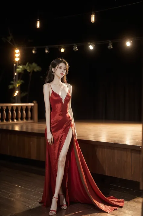 (((best quality))),(((ultra detailed))),(((masterpiece))),illustration, 1girl, singer,solo,open mouth,slim,thin,flat chest,small breasts,Maxi gorgeous red gown,slender legs, stage, performance, passion, confidence, elegance, lighting effects, decorations, ...