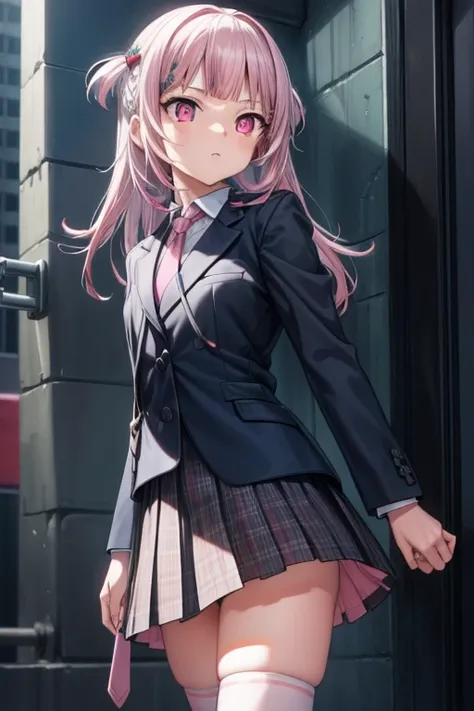 1 gurl,gura,, long hair, (pink eyes:1.5), pink hair,
BREAK one side up, skirt, shirt, hair ornament, thighhighs, , jacket, white shirt, pleated skirt, necktie, hairclip, collared shirt, black thighhighs, black jacket, plaid, red skirt, blazer, green neckti...