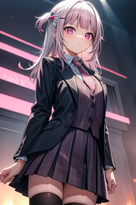 1 gurl,gura,, long hair, (pink eyes:1.5), pink hair,
BREAK one side up, skirt, shirt, hair ornament, thighhighs, , jacket, white shirt, pleated skirt, necktie, hairclip, collared shirt, black thighhighs, black jacket, plaid, red skirt, blazer, green neckti...