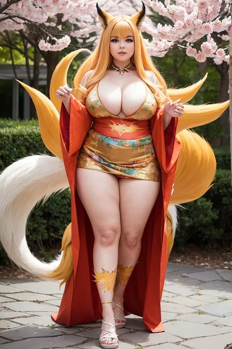 (((Super Obese))), (((Nine Tails))), Dynamic, 1. "At a cosplay event, a buxom woman cosplaying as a nine-tailed fox wears a long silver wig, large gold contact lenses, and an ornately embroidered kimono. Behind her, a handmade set of nine tails glitters, a...