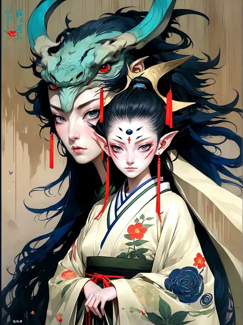 Anime style of two women wearing kimono robes, Nguyen Gia and Joao Nguyen, Loish and ross tran, Loish and Wallop, Krenz Kushat and Lin Wenjun, Mobis + Loish + Wallop, Edgar Maxence and Rose Tran, jazza 和 rossdraws, Rob Ray and Kentaro Miura style