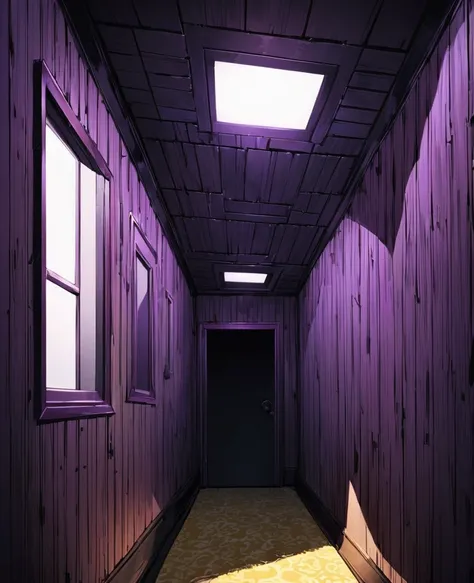 Keito。Purple Eyes。Purple Hair。Room with ceiling and wallpapered walls、怖いempty liminal space、Yellow carpet、indoor liminal space、empty liminal space、Carpeted floors、empty liminal space、The back room is empty、In the middle of an empty room、dim fluorescent lig...