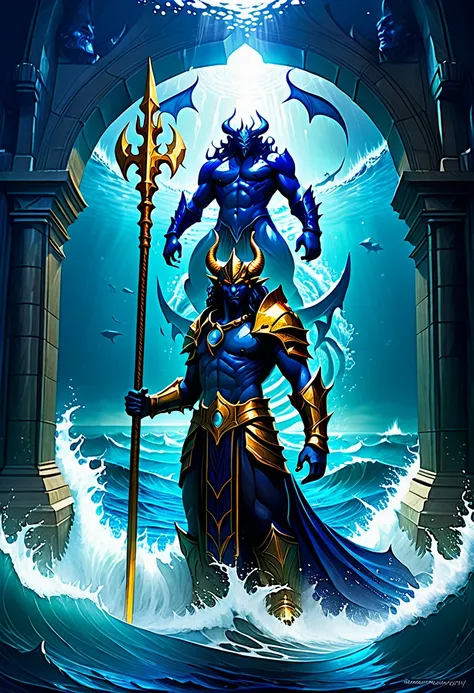 atlantean warriors, hedra, emerges as a luminary demon from the depths of the ocean, in the centre of which is a gigantic demage...