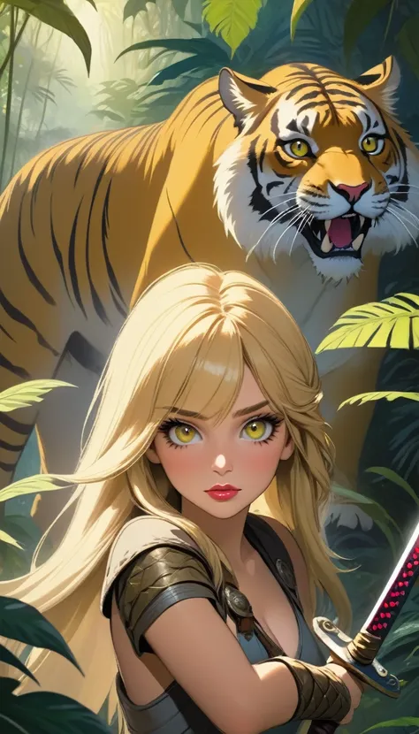 a long-haired blonde girl, beautiful detailed eyes, beautiful detailed lips, extremely detailed face, longeyelashes, half-naked, holding a sword, with a large saber-toothed tiger as a pet, in a lush jungle environment, oil painting, best quality, 8k, ultra...