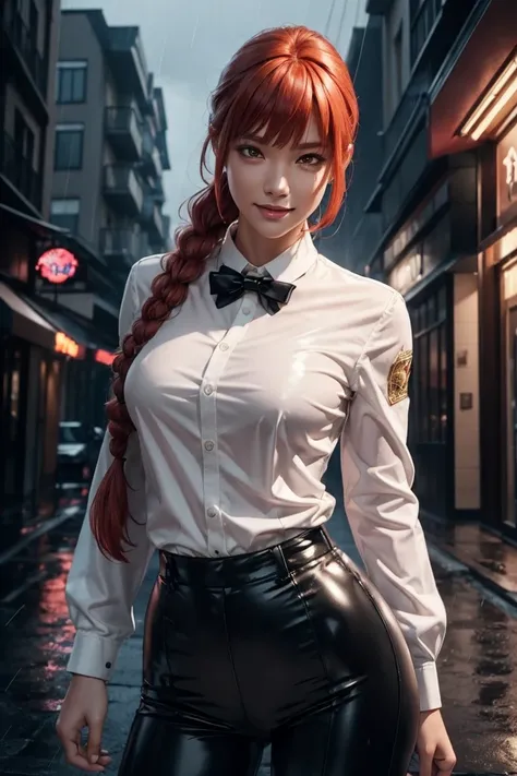 Chainsaw Man,Makima,With bangs,Red Hair,Braids at the back,Golden Eyes,White long sleeve shirt,Black tie,Black Leather Pants,Ultra HD,super high quality,masterpiece,Digital SLR,Photorealistic,Detailed details,Vivid details,Depicted in detail,A detailed fac...