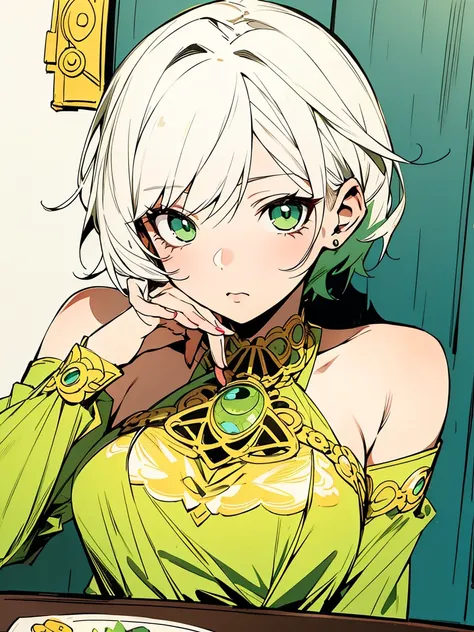 (Best quality,table:1.2),(anime style,Comic core:1.1),1 girl in,cute style,amazing,extremely detailed eye,very detailed face,very detailed hair,8 k,Permission, ////////// (masterpiece),(Best quality), white hair, green eyes, short hair, green hair below, p...