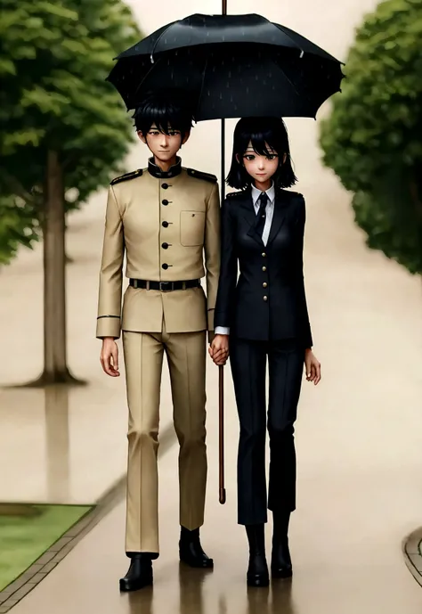 uniform cartoon，a man of one，with an umbrella，wear rain boots，roll up the trouser legs，walking，holding hands with a beautiful wo...