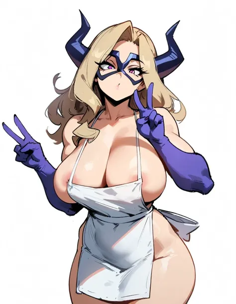 1girl, mount lady, boku no hero academia  masterpiece, best quality, very aesthetic, absurdres, newest  sportive body,    by dodok, nyantcha, cutesexyrobutts, by khyle ///// blonde, purple eyes,   , 24 years old,, wearing only apron, , naked, rating genera...