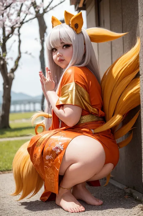 (((Super Obese))), (((Nine Tails))), Dynamic, 1. "At a cosplay event, a buxom woman cosplaying as a nine-tailed fox wears a long silver wig, large gold contact lenses, and an ornately embroidered kimono. A handmade set of nine tails glitters behind her, an...