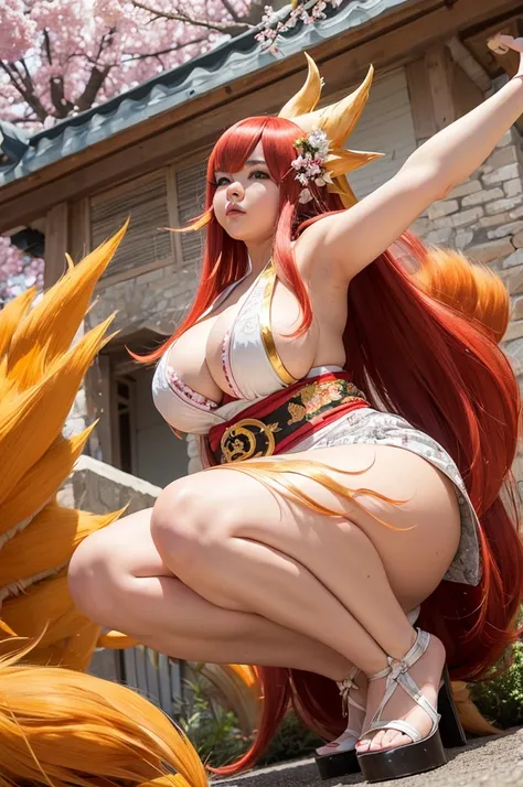 (((Super Obese))), (((Nine Tails))), Dynamic, 1. "At a cosplay event, a buxom woman cosplaying as a nine-tailed fox wears a long silver wig, large gold contact lenses, and an ornately embroidered kimono. A handmade set of nine tails glitters behind her, an...