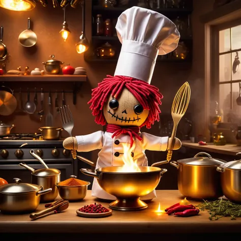 (knitted toy voodoo doll:1.7), (Voodoo Doll Chef:1.3), (Clothing: elegant chef uniform with Eiffel Tower patterns:1.0), (Accessories: enchanted whisk emitting golden light, levitating pots and pans:1.1), (background: upscale Parisian kitchen with floating ...