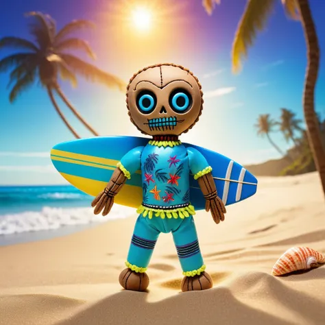 (knitted toy voodoo doll:1.7), (Voodoo Doll Surfer:1.3), (Clothing: casual beachwear with wave patterns:1.0), (Accessories: enchanted surfboard emitting blue light, levitating seashells:1.1), (background: sunny beach with floating sand particles, glowing p...