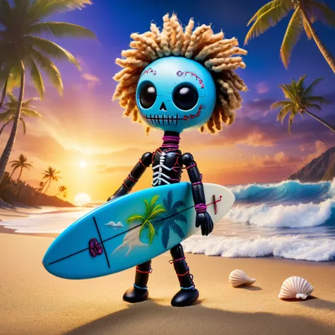 (knitted toy voodoo doll:1.7), (Voodoo Doll Surfer:1.3), (Clothing: casual beachwear with wave patterns:1.0), (Accessories: enchanted surfboard emitting blue light, levitating seashells:1.1), (background: sunny beach with floating sand particles, glowing p...