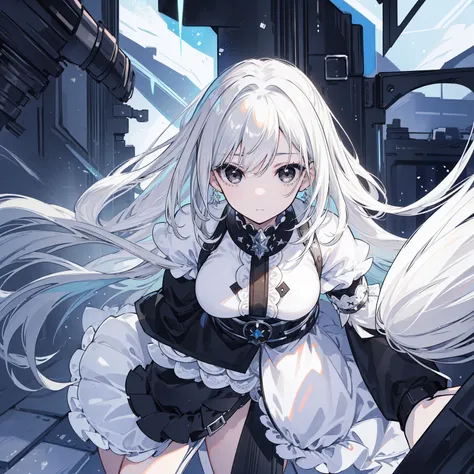 (Top image quality)、(Ultra Detailed)、(Facing forward)、top quality、masterpiece、(((1 girl)))、Silver Hair、white hair、((Long hair))、(black eyes:1.6)