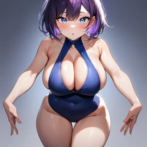 1 girl,short hair,bare,dark purple hair,purple hair,light blue eyes,Two-tone hair,Thighs,Two-tone eyes,big breast,blue one-piece,Cleavage,sideboob,straight-on,masterpiece,best quality,very aesthetic,absurdres