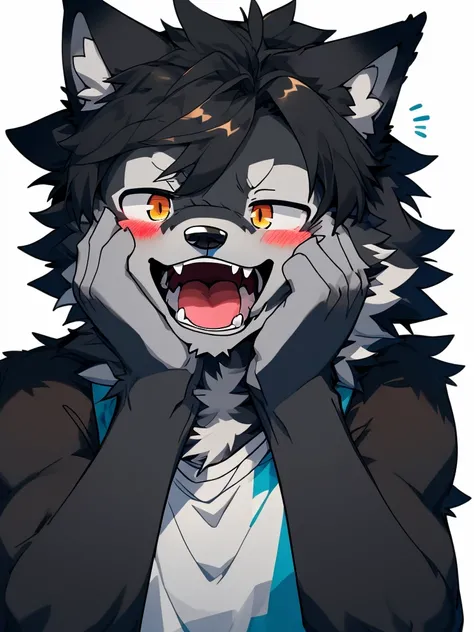 male，Wolf，Blue-black fur，teenager，Fangs，Blush，Thin，Hands on face，Open mouth