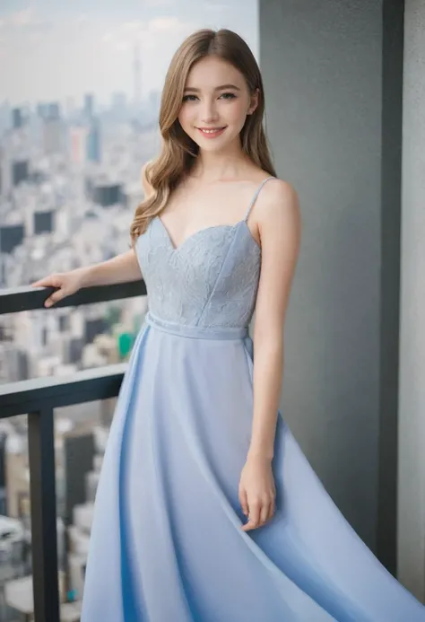 Leila、18-year-old、（Russian women）、（Cute face）、（Thin contours:1.3）、（Grey Eyes:1.8）、（Big Breasts:1.3）、（Narrow waist）、8-head-tall model style、Full body angle、smile、Long dress、Inside the city of Tokyo