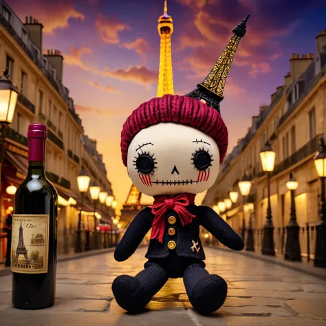 (knitted toy voodoo doll:1.8), (Voodoo Doll Parisian:1.3), (Clothing: chic Parisian outfit with fleur-de-lis patterns:1.0), (Accessories: enchanted beret emitting soft golden light, levitating baguette and wine bottle:1.1), (background: iconic Eiffel Tower...