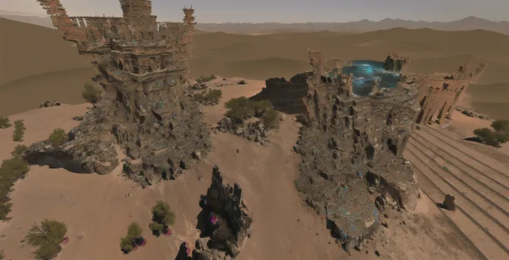 (masterpiece), best quality, there is a very large tower made of rocks in the desert,  desert temple, high quality art, deep mandelbulb landscape, the place in desert